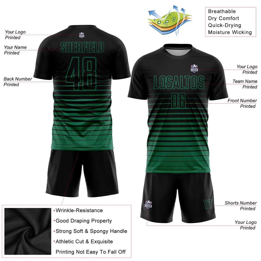 Black Kelly Green Pinstripe Fade Fashion Sublimation Soccer Uniform Jersey, Custom Team Soccer Jersey Shirt