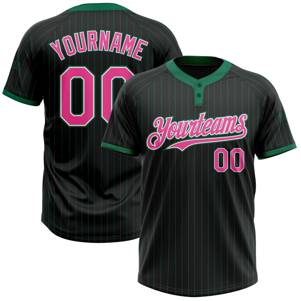 Black Kelly Green Pinstripe Pink White Two Button Unisex Softball Jersey, Custom Team Softball Jersey