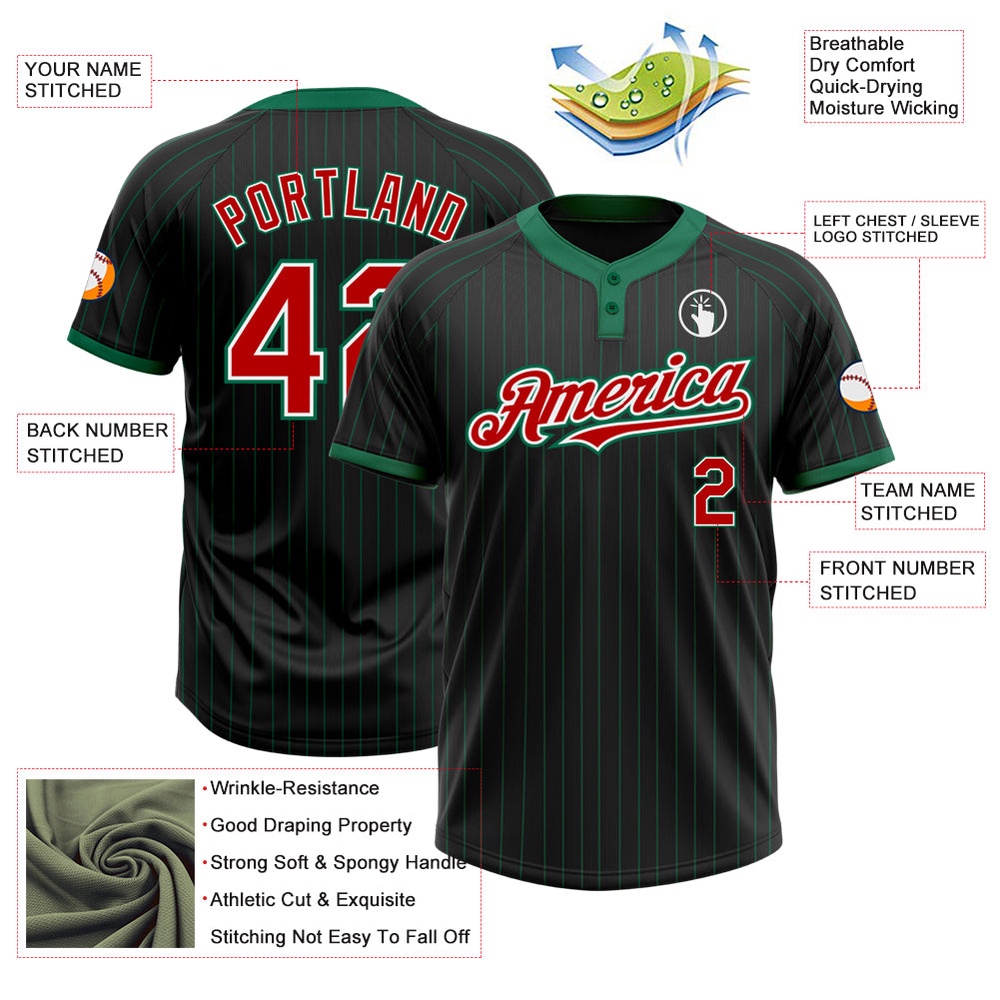 Black Kelly Green Pinstripe Red White Two Button Unisex Softball Jersey, Custom Team Softball Jersey Black Kelly Green Pinstripe Red White Two Button Unisex Softball Jersey, Custom Team Softball Jersey