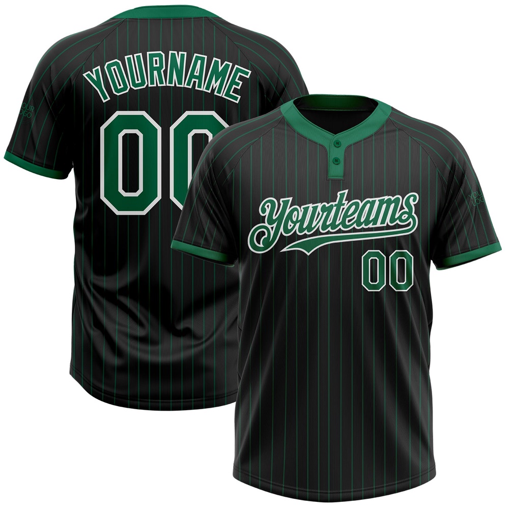 Black Kelly Green Pinstripe White Two Button Unisex Softball Jersey, Custom Team Softball Jersey