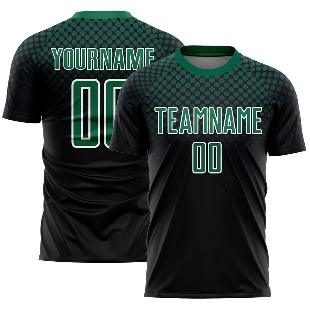 Black Kelly Green White Halftone Dots Sublimation Soccer Uniform Jersey, Custom Team Soccer Jersey Shirt Black Kelly Green White Halftone Dots Sublimation Soccer Uniform Jersey, Custom Team Soccer Jersey Shirt