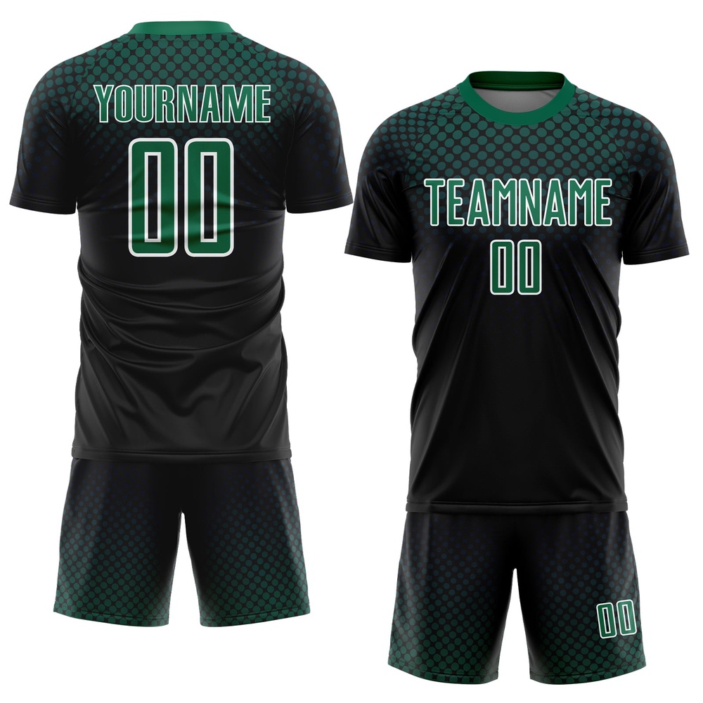Black Kelly Green White Halftone Dots Sublimation Soccer Uniform Jersey, Custom Team Soccer Jersey Shirt Black Kelly Green White Halftone Dots Sublimation Soccer Uniform Jersey, Custom Team Soccer Jersey Shirt