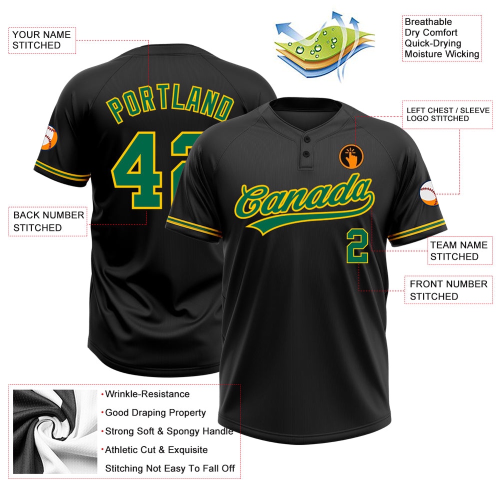 Black Kelly Green Yellow Two Button Unisex Softball Jersey, Custom Team Softball Jersey Black Kelly Green Yellow Two Button Unisex Softball Jersey, Custom Team Softball Jersey