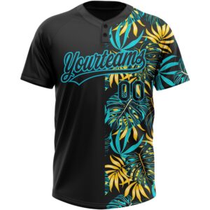 Black Lakes Blue 3D Pattern Hawaii Tropical Palm Leaves Two Button Unisex Softball Jersey Custom Team Softball Jersey 2 oeia8t.jpg