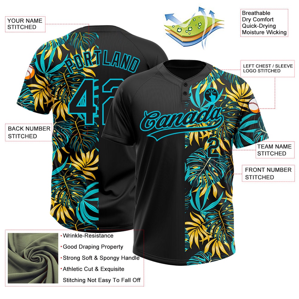 Black Lakes Blue 3D Pattern Hawaii Tropical Palm Leaves Two Button Unisex Softball Jersey, Custom Team Softball Jersey Black Lakes Blue 3D Pattern Hawaii Tropical Palm Leaves Two Button Unisex Softball Jersey, Custom Team Softball Jersey