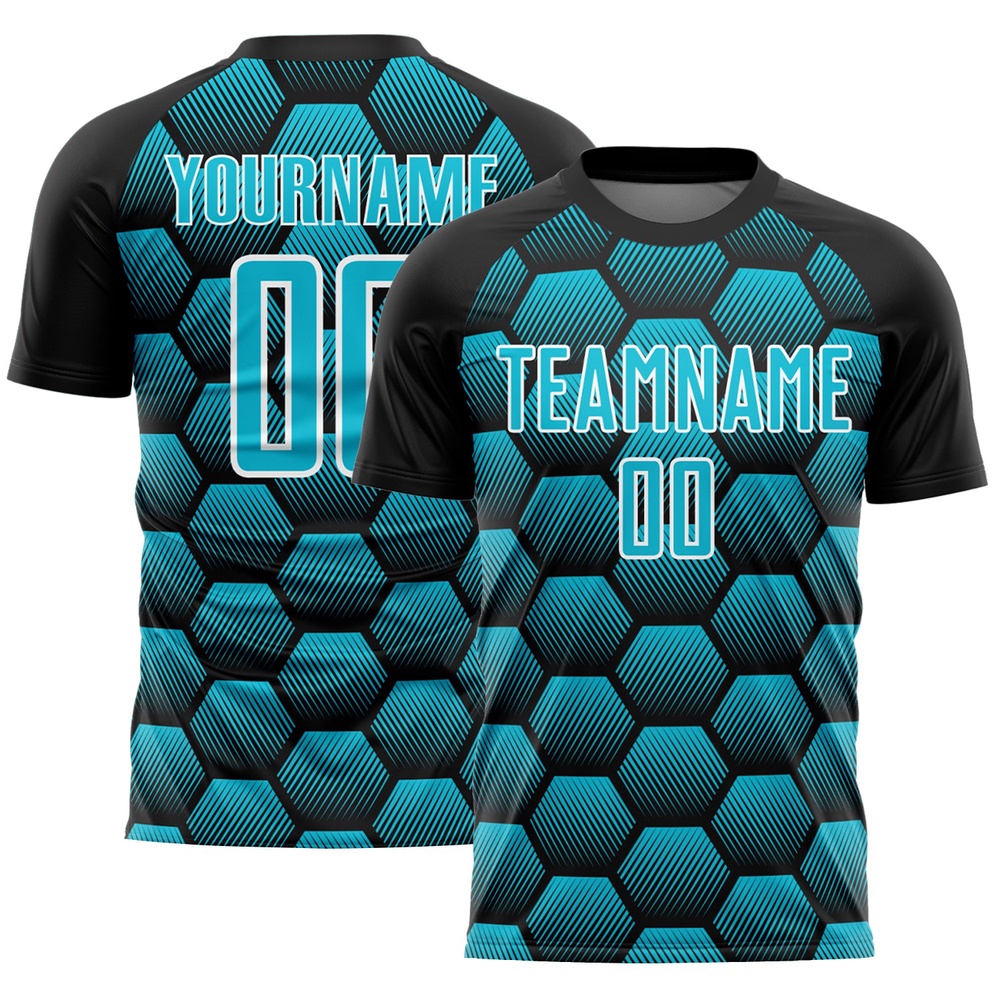 Black Lakes Blue White Hexagons Pattern Sublimation Soccer Uniform Jersey, Custom Team Soccer Jersey Shirt