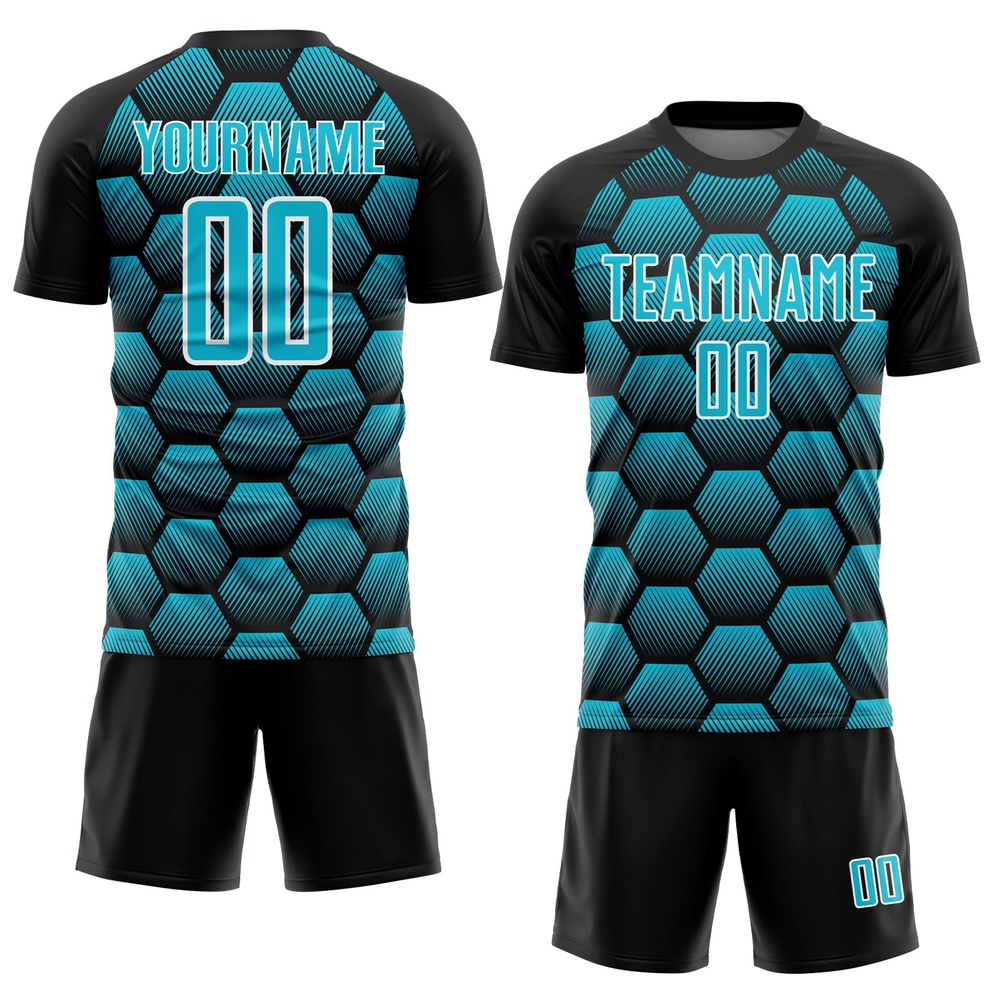 Black Lakes Blue White Hexagons Pattern Sublimation Soccer Uniform Jersey, Custom Team Soccer Jersey Shirt