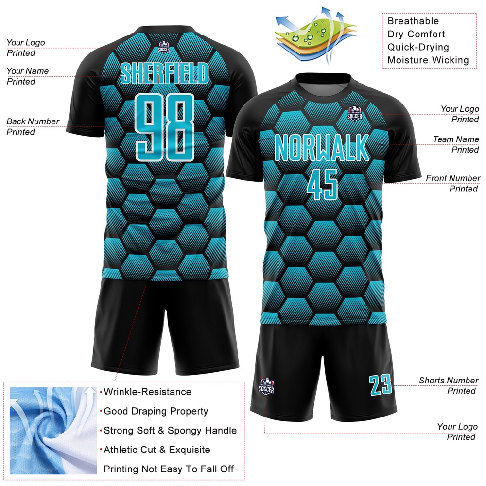 Black Lakes Blue White Hexagons Pattern Sublimation Soccer Uniform Jersey, Custom Team Soccer Jersey Shirt