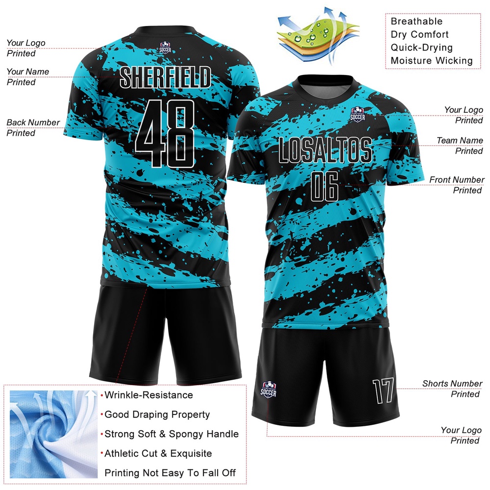 Black Lakes Blue White Splash Sublimation Soccer Uniform Jersey, Custom Team Soccer Jersey Shirt