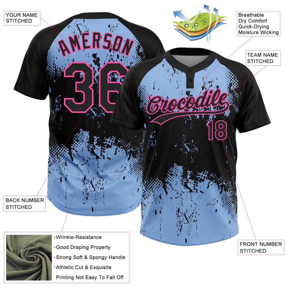 Black Light Blue Pink 3D Pattern Abstract Splatter Grunge Art Two Button Unisex Softball Jersey, Custom Team Softball Jersey Black Light Blue Pink 3D Pattern Abstract Splatter Grunge Art Two Button Unisex Softball Jersey, Custom Team Softball Jersey