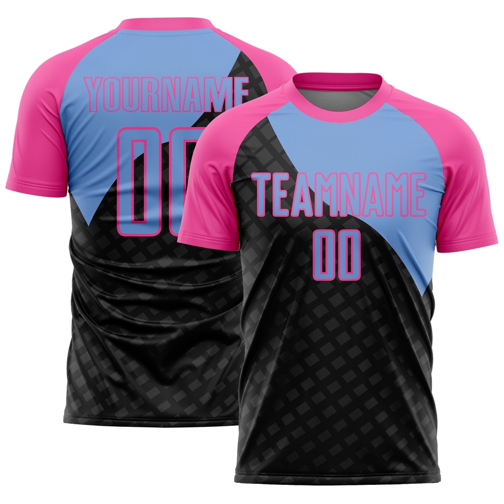 Black Light Blue Pink Curve Lines Sublimation Soccer Uniform Jersey, Custom Team Soccer Jersey Shirt