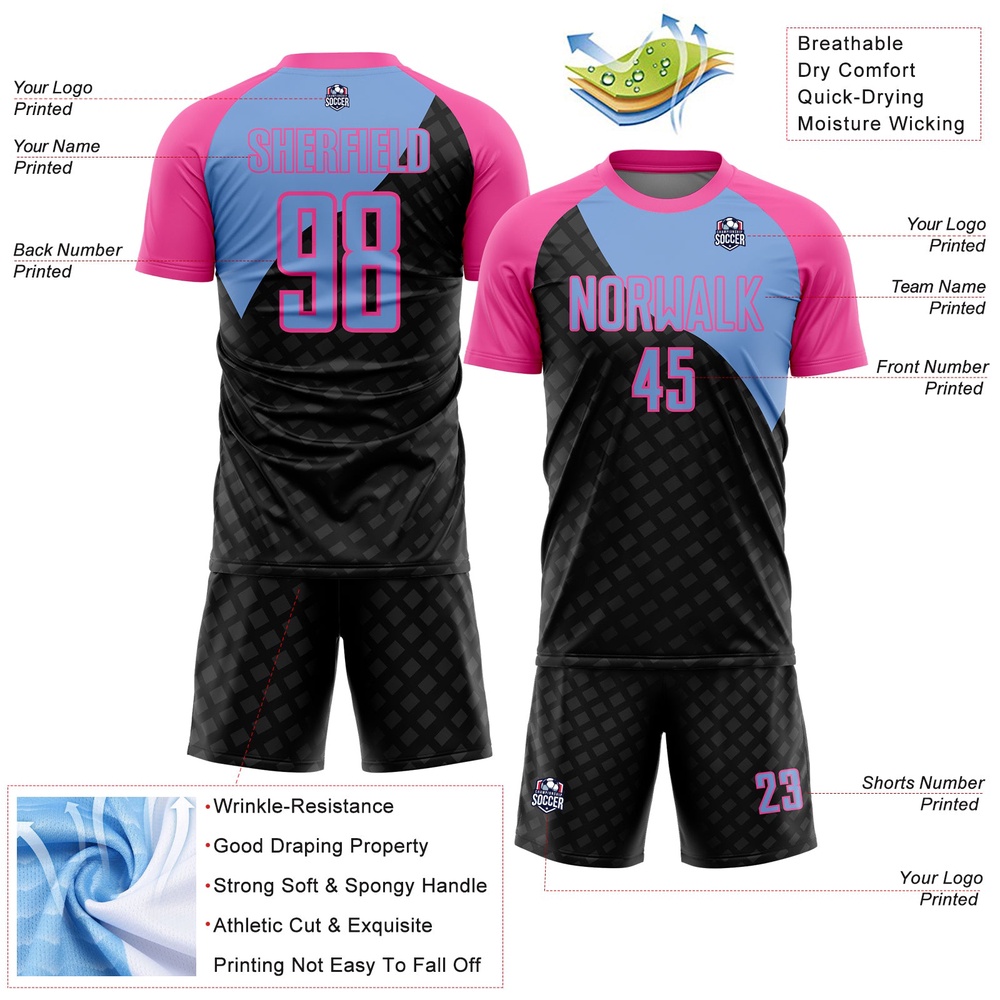 Black Light Blue Pink Curve Lines Sublimation Soccer Uniform Jersey, Custom Team Soccer Jersey Shirt