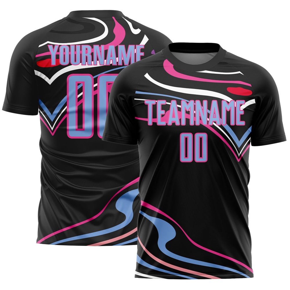 Black Light Blue Pink Fluid Shapes Sublimation Soccer Uniform Jersey, Custom Team Soccer Jersey Shirt Black Light Blue Pink Fluid Shapes Sublimation Soccer Uniform Jersey, Custom Team Soccer Jersey Shirt