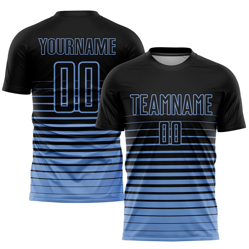 Black Light Blue Pinstripe Fade Fashion Sublimation Soccer Uniform Jersey, Custom Team Soccer Jersey Shirt Black Light Blue Pinstripe Fade Fashion Sublimation Soccer Uniform Jersey, Custom Team Soccer Jersey Shirt