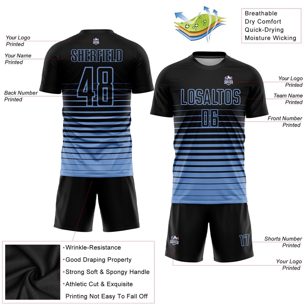 Black Light Blue Pinstripe Fade Fashion Sublimation Soccer Uniform Jersey, Custom Team Soccer Jersey Shirt Black Light Blue Pinstripe Fade Fashion Sublimation Soccer Uniform Jersey, Custom Team Soccer Jersey Shirt