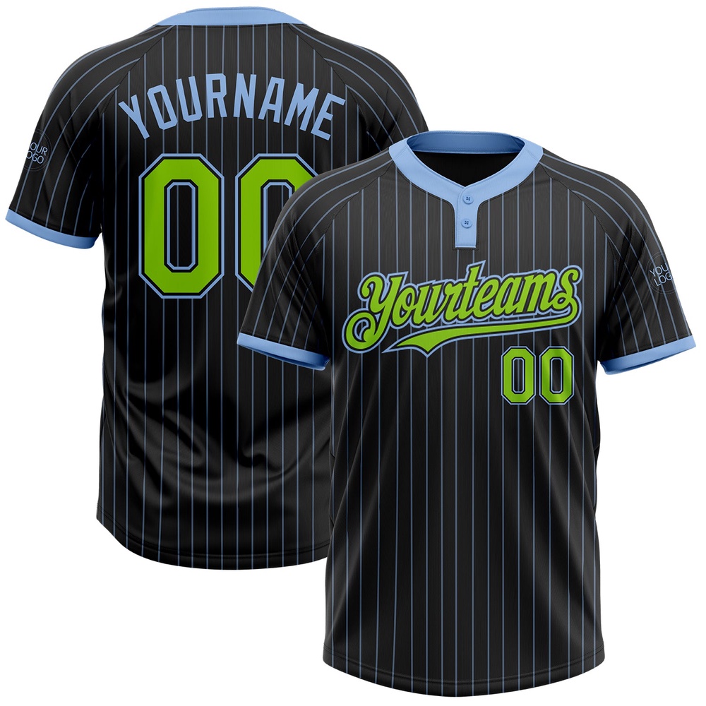 Black Light Blue Pinstripe Neon Green Two Button Unisex Softball Jersey, Custom Team Softball Jersey