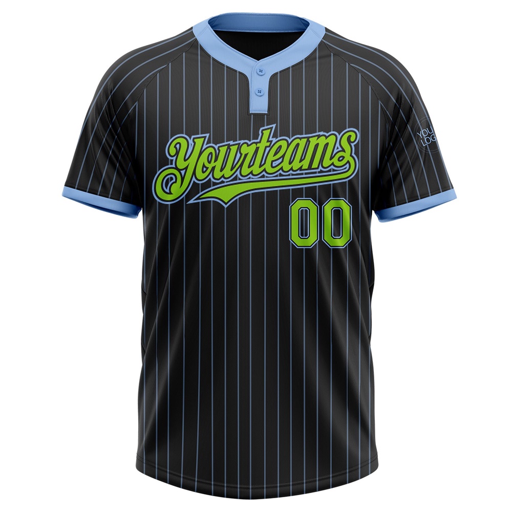 Black Light Blue Pinstripe Neon Green Two Button Unisex Softball Jersey, Custom Team Softball Jersey