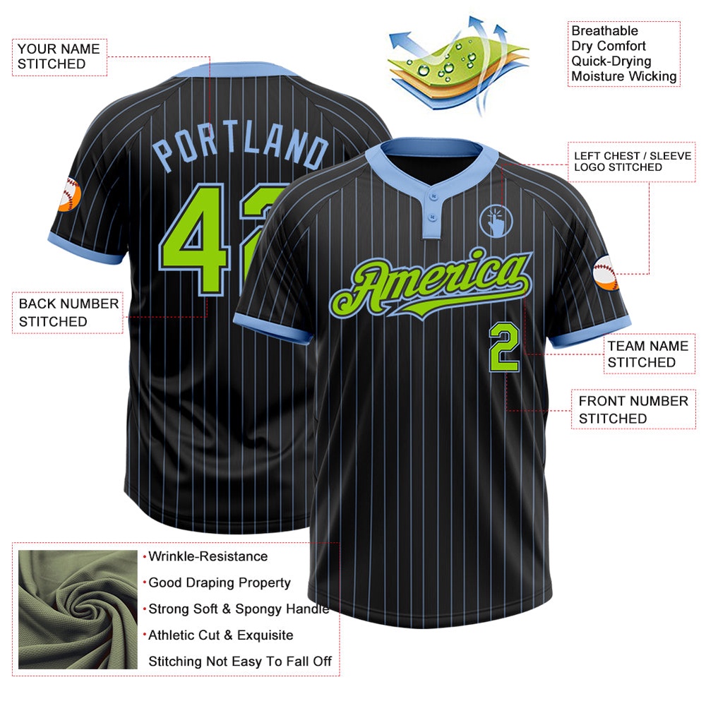 Black Light Blue Pinstripe Neon Green Two Button Unisex Softball Jersey, Custom Team Softball Jersey