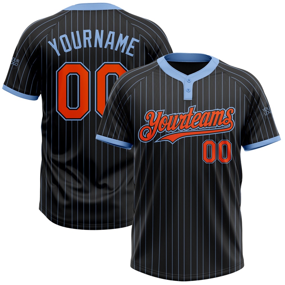 Black Light Blue Pinstripe Orange Two Button Unisex Softball Jersey, Custom Team Softball Jersey