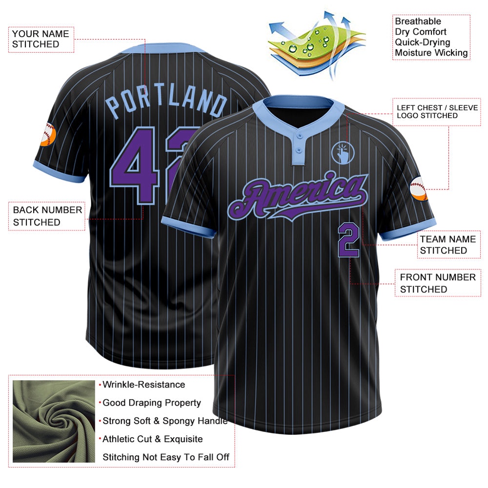 Black Light Blue Pinstripe Purple Two Button Unisex Softball Jersey, Custom Team Softball Jersey