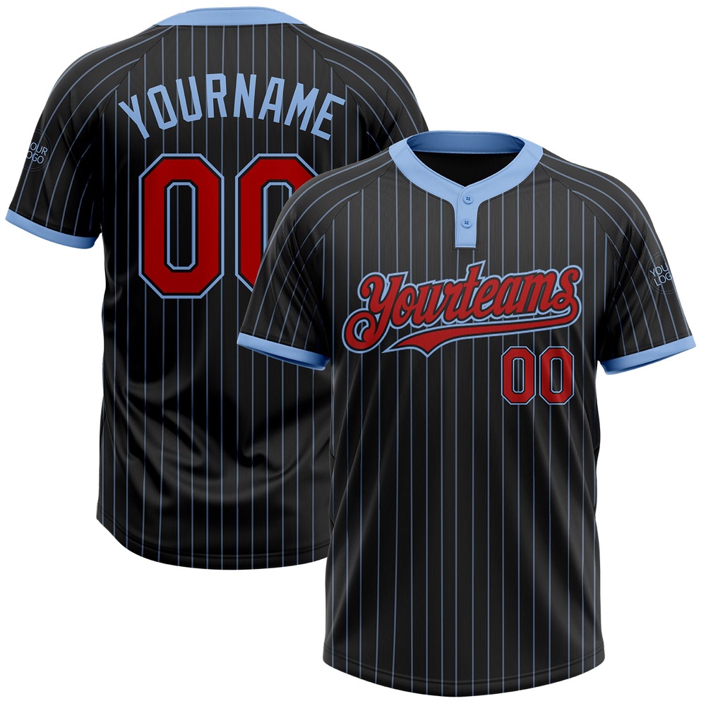 Black Light Blue Pinstripe Red Two Button Unisex Softball Jersey, Custom Team Softball Jersey