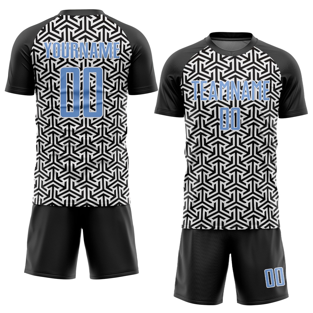 Black Light Blue White Sublimation Soccer Uniform Jersey, Custom Team Soccer Jersey Shirt