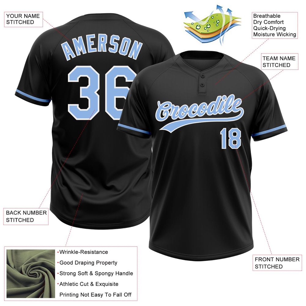 Black Light Blue White Two Button Unisex Softball Jersey, Custom Team Softball Jersey