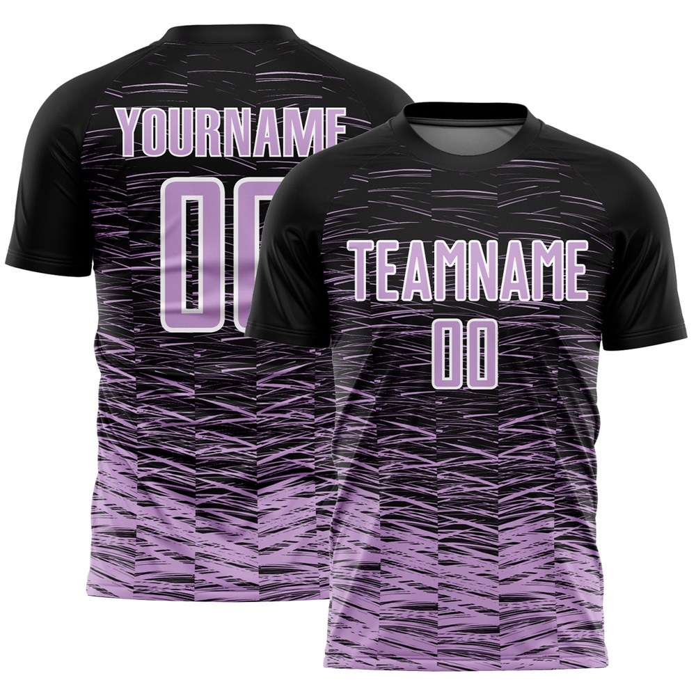 Black Light Purple White Line Sublimation Soccer Uniform Jersey, Custom Team Soccer Jersey Shirt Black Light Purple White Line Sublimation Soccer Uniform Jersey, Custom Team Soccer Jersey Shirt