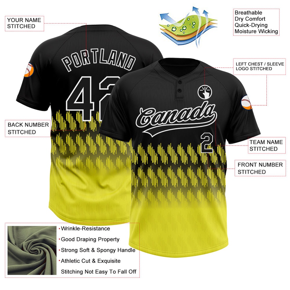 Black Light Yellow White 3D Pattern Lines Two Button Unisex Softball Jersey, Custom Team Softball Jersey Black Light Yellow White 3D Pattern Lines Two Button Unisex Softball Jersey, Custom Team Softball Jersey