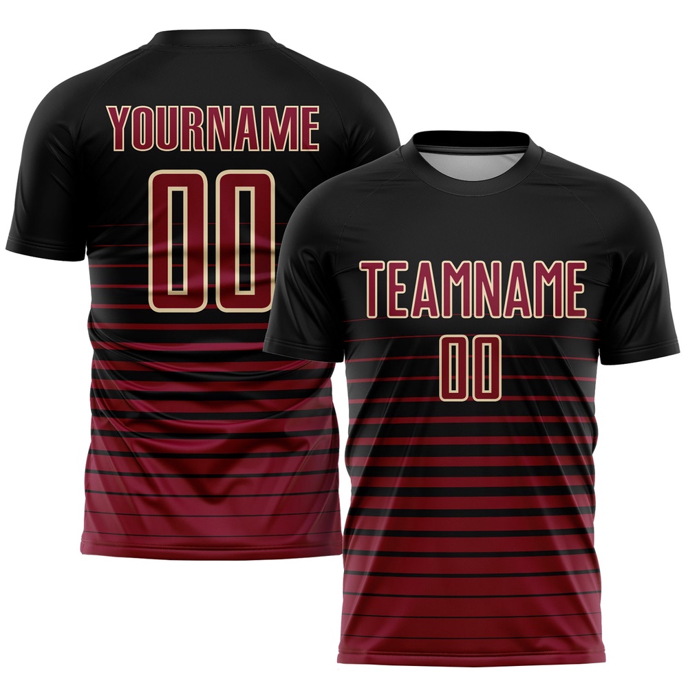 Black Maroon Cream Pinstripe Fade Fashion Sublimation Soccer Uniform Jersey, Custom Team Soccer Jersey Shirt