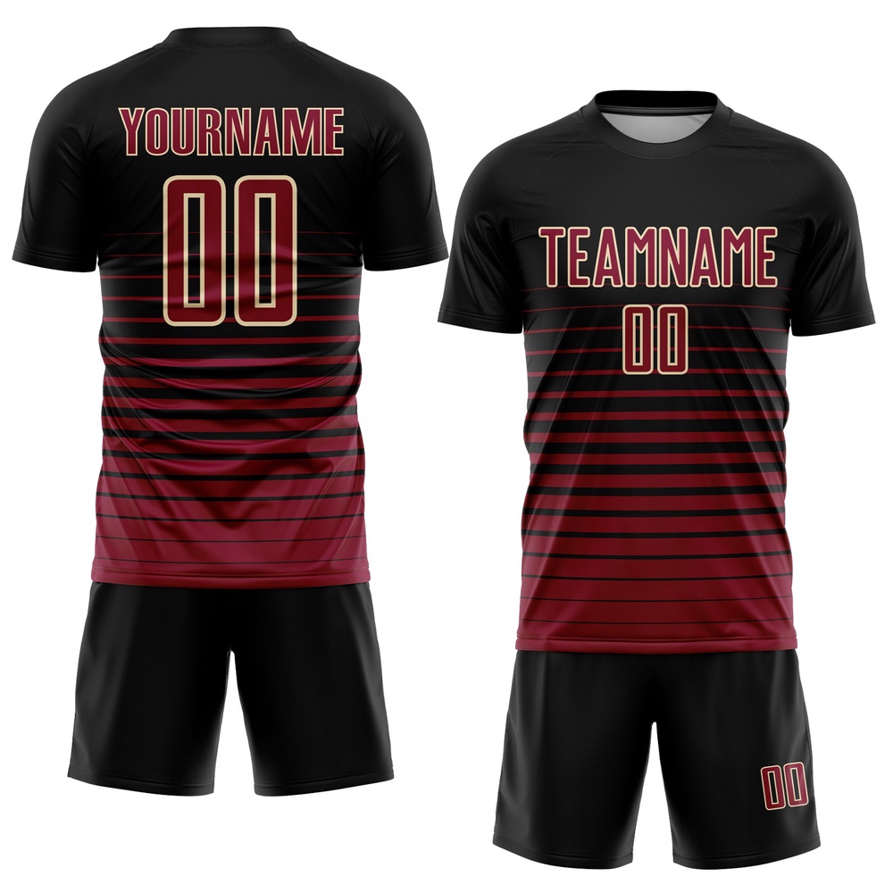 Black Maroon Cream Pinstripe Fade Fashion Sublimation Soccer Uniform Jersey, Custom Team Soccer Jersey Shirt