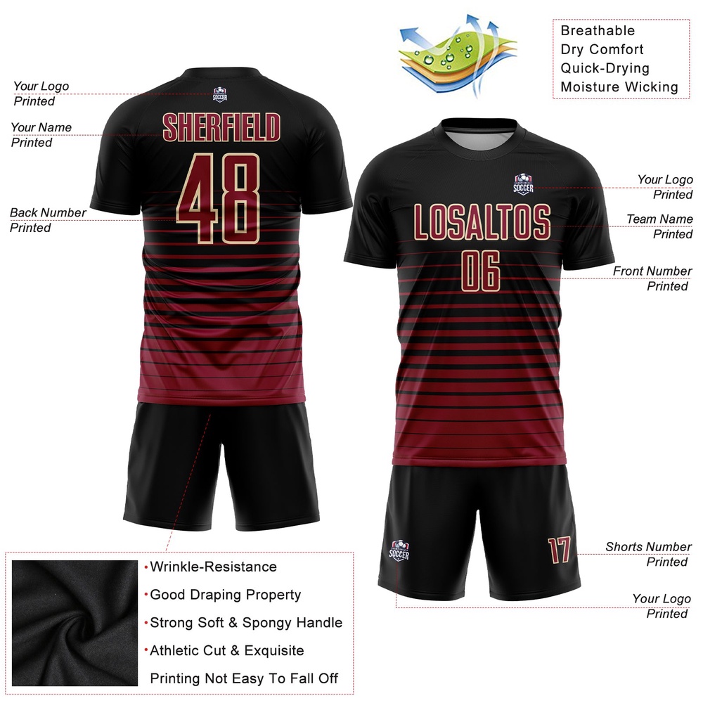 Black Maroon Cream Pinstripe Fade Fashion Sublimation Soccer Uniform Jersey, Custom Team Soccer Jersey Shirt