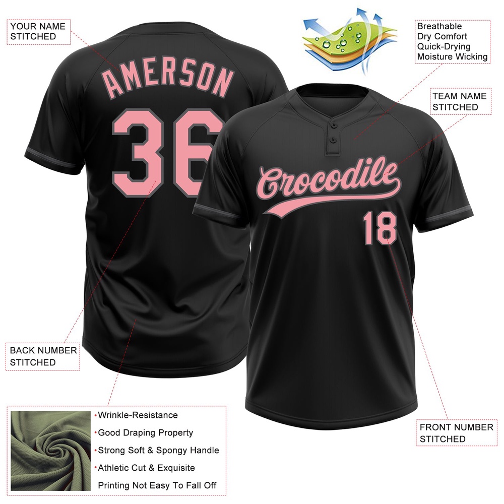 Black Medium Pink Steel Gray Two Button Unisex Softball Jersey, Custom Team Softball Jersey