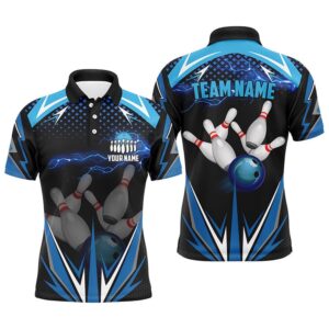Black Men Bowling Polo Shirt Custom Blue…