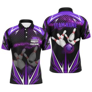 Black Men Bowling Polo Shirt Custom Purple…