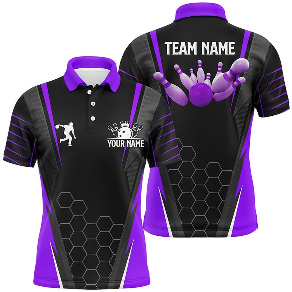 Black Men’s Bowling Polo Shirt Custom Name Mens Bowlers Polo Shirt, Team Bowling Outfits Purple, Personalized Bowling Team Shirt