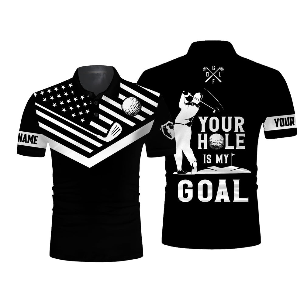 Black Men’s Golf Polo Shirt White American Flag Custom Name Your Hole Is My Goal Funny Golf Team Shirt, Golf Polo Shirt, Golf Shirts