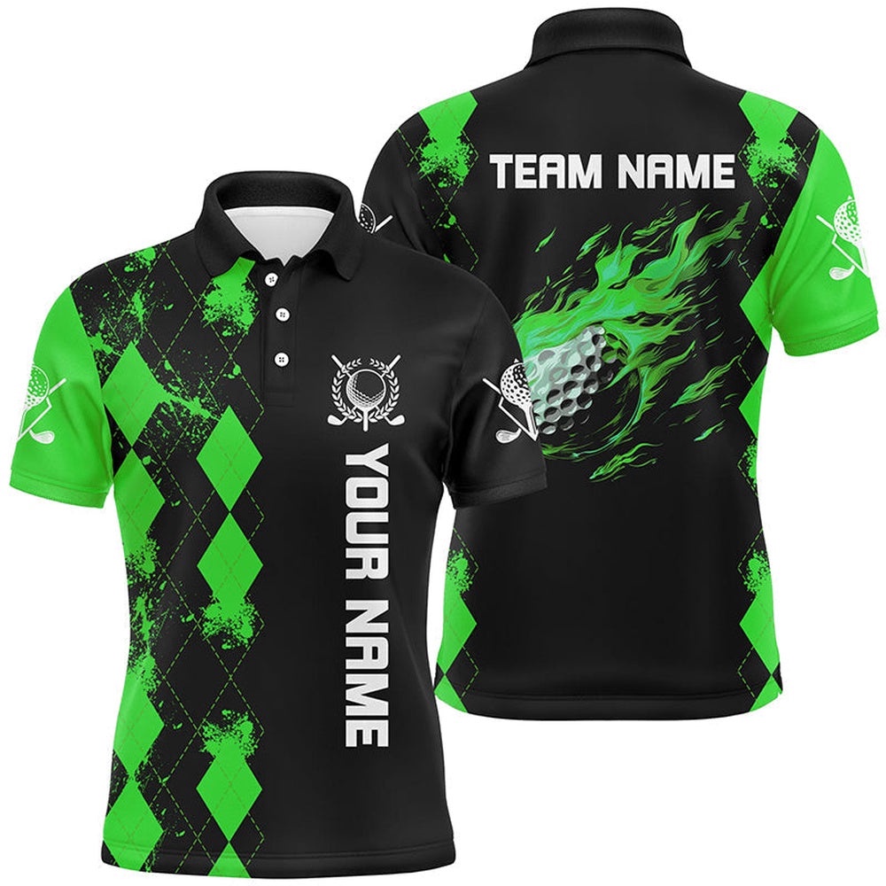 Black Men’s Golf Polo Shirts Custom Green Argyle Pattern Flame Golf Ball Golf Tops For Men’s, Golf Polo Shirt, Golf Shirts Black Men’s Golf Polo Shirts Custom Green Argyle Pattern Flame Golf Ball Golf Tops For Men’s, Golf Polo Shirt, Golf Shirts