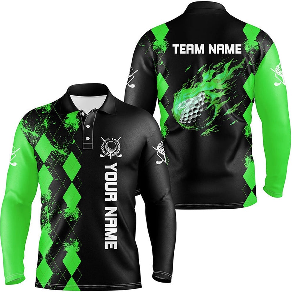 Black Men’s Golf Polo Shirts Custom Green Argyle Pattern Flame Golf Ball Golf Tops For Men’s, Golf Polo Shirt, Golf Shirts Black Men’s Golf Polo Shirts Custom Green Argyle Pattern Flame Golf Ball Golf Tops For Men’s, Golf Polo Shirt, Golf Shirts