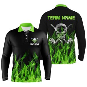Black Men s Golf Polo Shirts Custom Green Flame Skull Golf Clubs For Men Golf Polo Shirt Golf Shirts 2 ybmvin.jpg