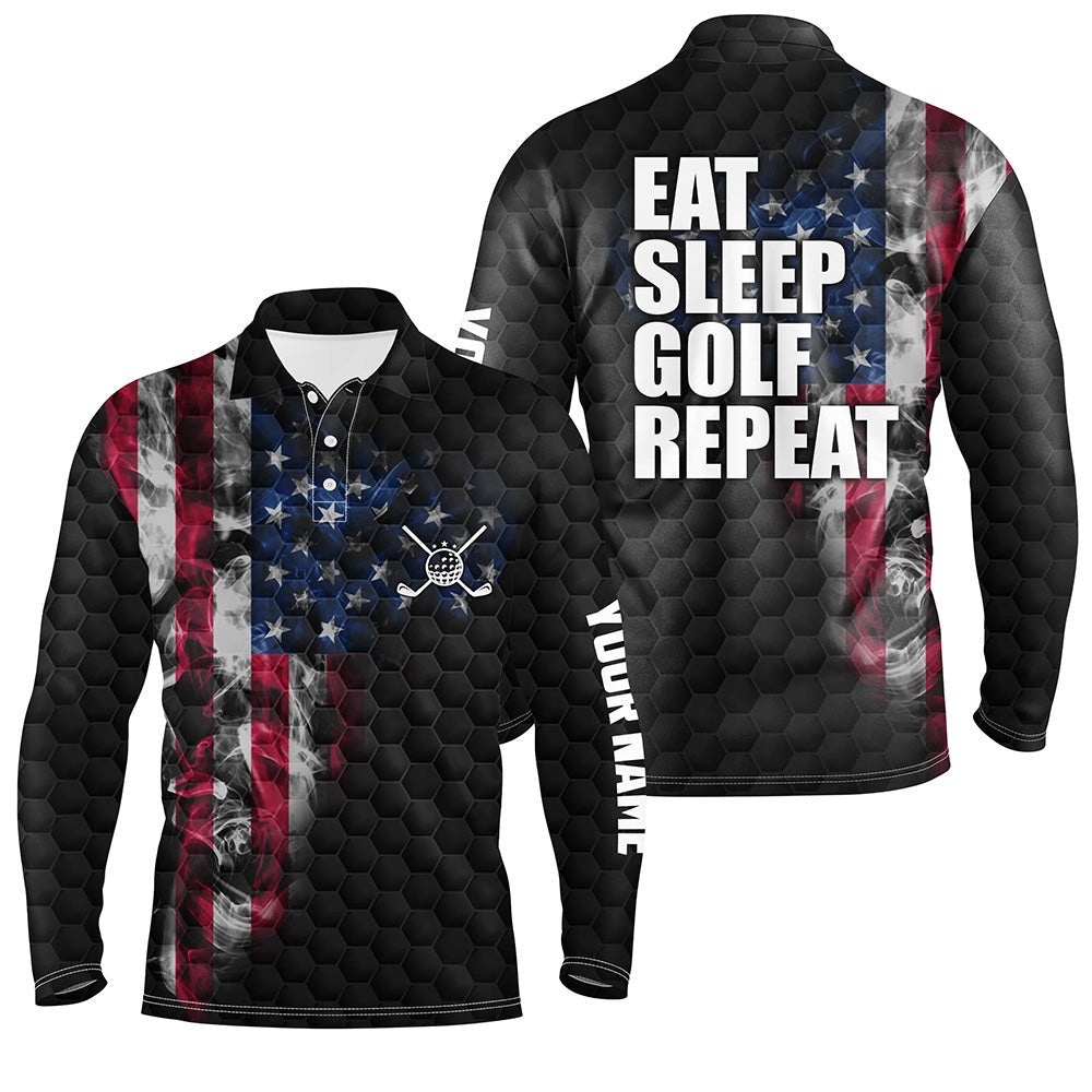 Black Men’s Golf Polo Shirts Custom Smoke American Flag Eat Sleep Golf Repeat, Patriotic Golf Shirts, Golf Polo Shirt, Golf Shirts Black Men’s Golf Polo Shirts Custom Smoke American Flag Eat Sleep Golf Repeat, Patriotic Golf Shirts, Golf Polo Shirt, Golf Shirts