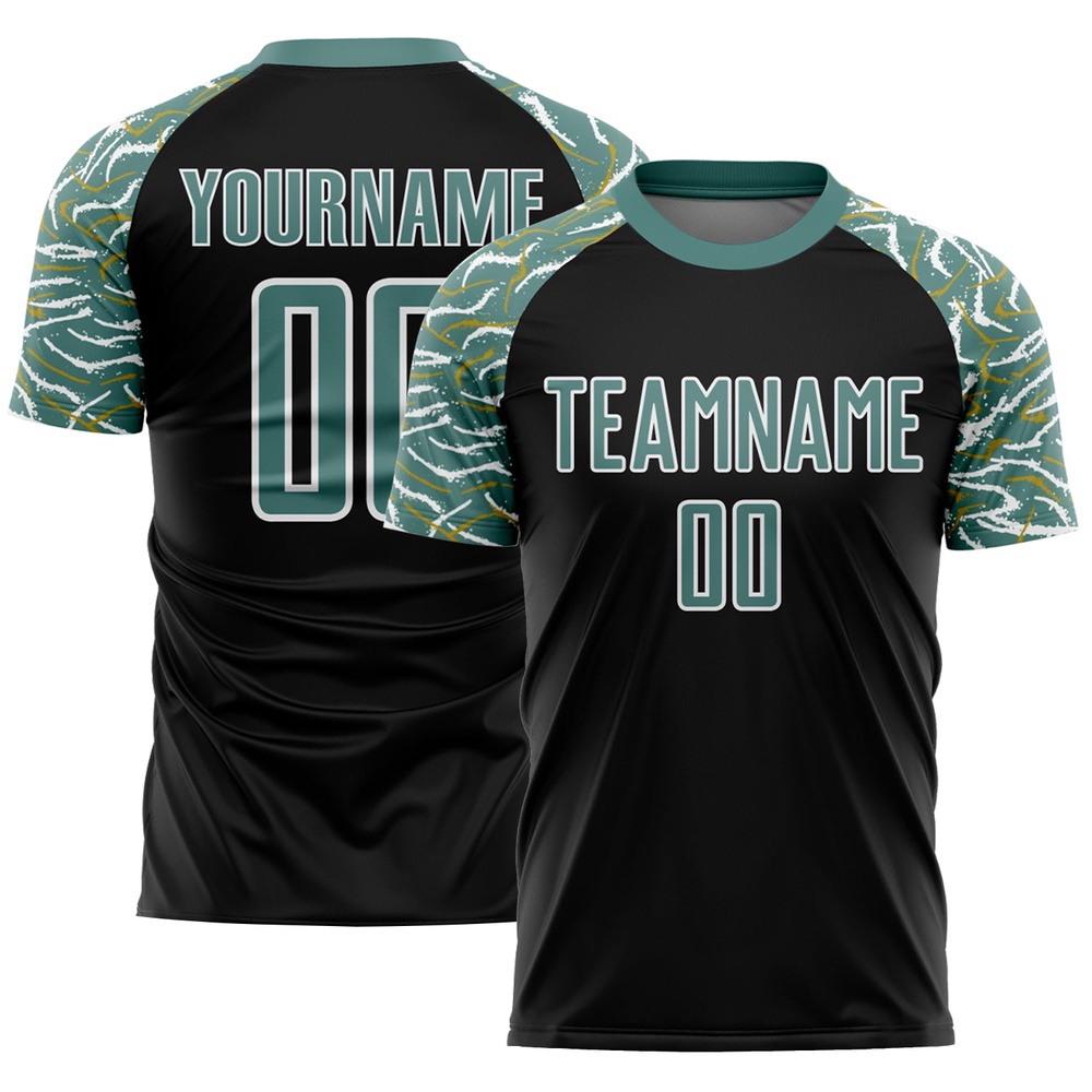 Black Midnight Green White Curved And Wavy Lines Sublimation Soccer Uniform Jersey, Custom Team Soccer Jersey Shirt