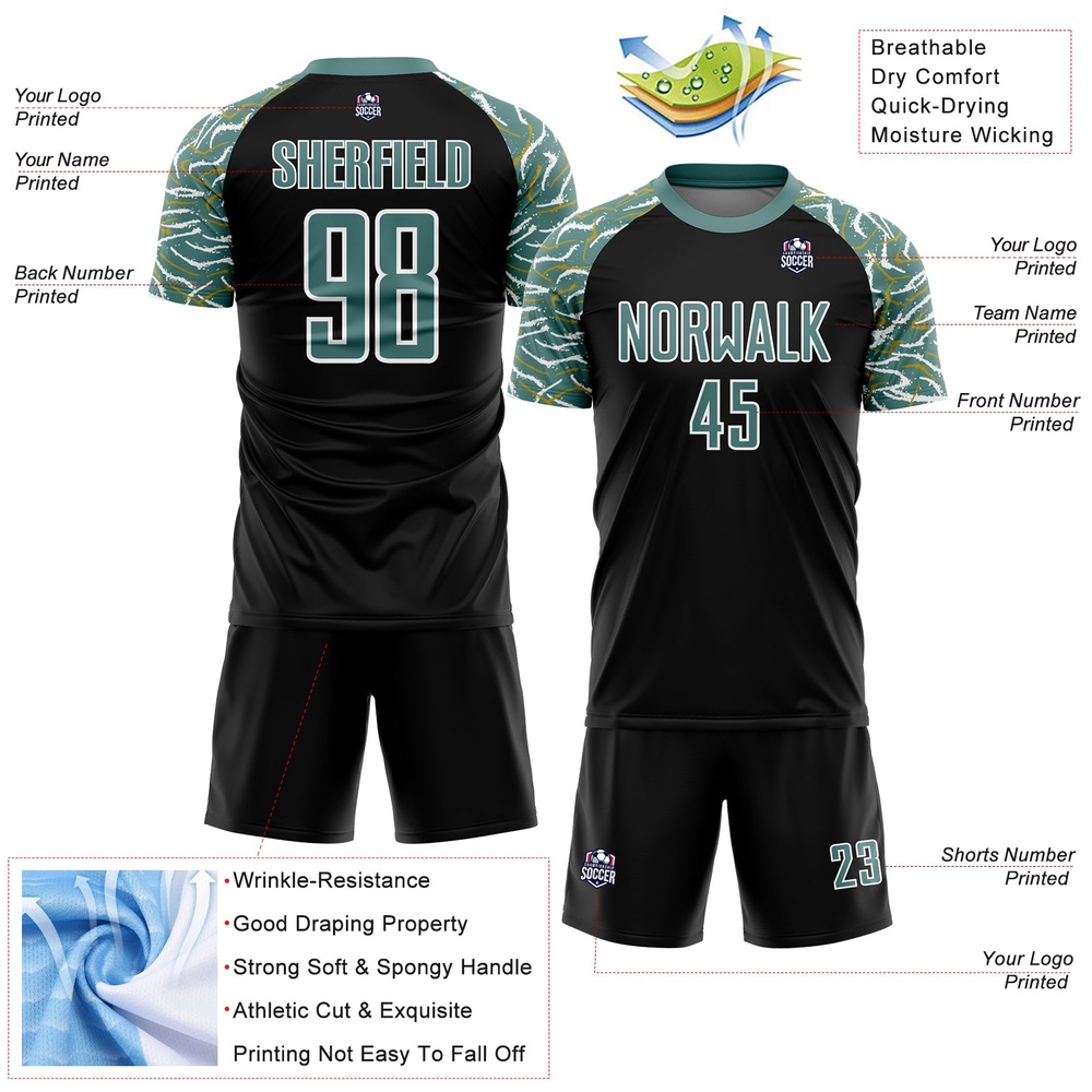 Black Midnight Green White Curved And Wavy Lines Sublimation Soccer Uniform Jersey, Custom Team Soccer Jersey Shirt