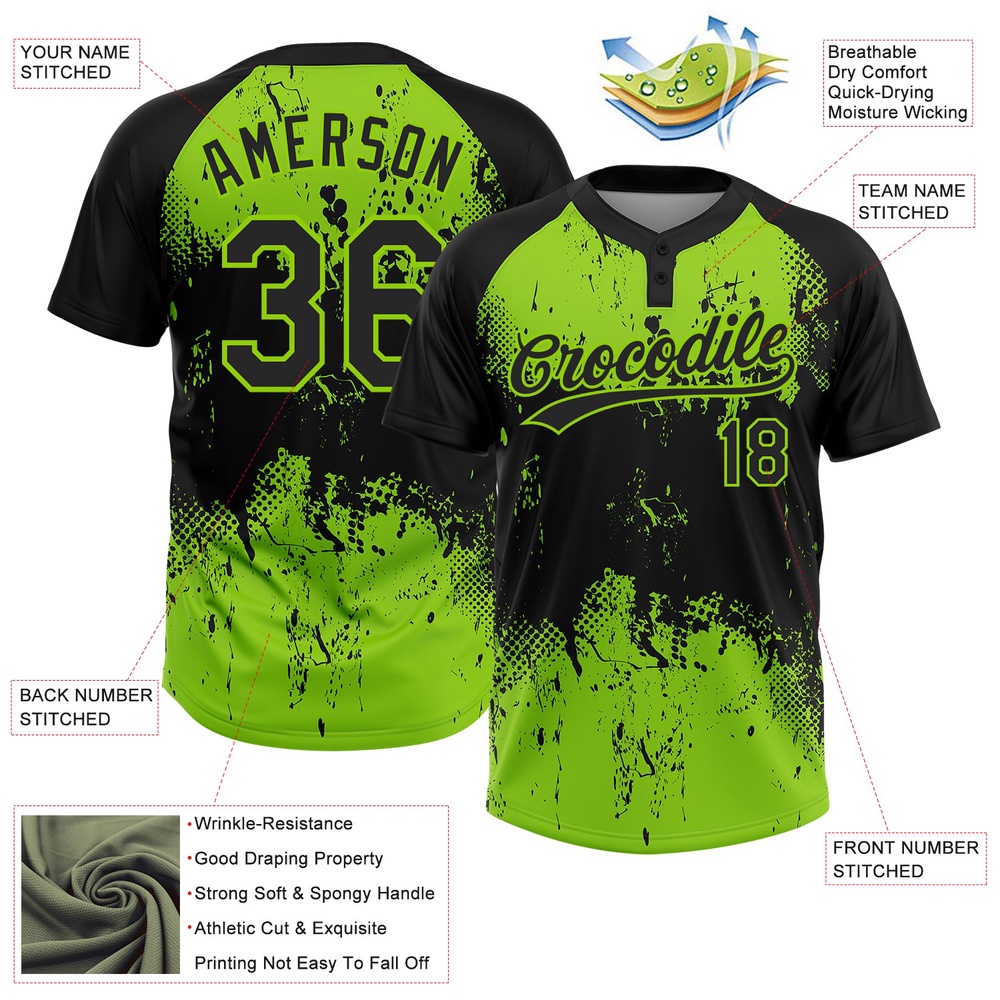 Black Neon Green 3D Pattern Abstract Splatter Grunge Art Two Button Unisex Softball Jersey, Custom Team Softball Jersey Black Neon Green 3D Pattern Abstract Splatter Grunge Art Two Button Unisex Softball Jersey, Custom Team Softball Jersey