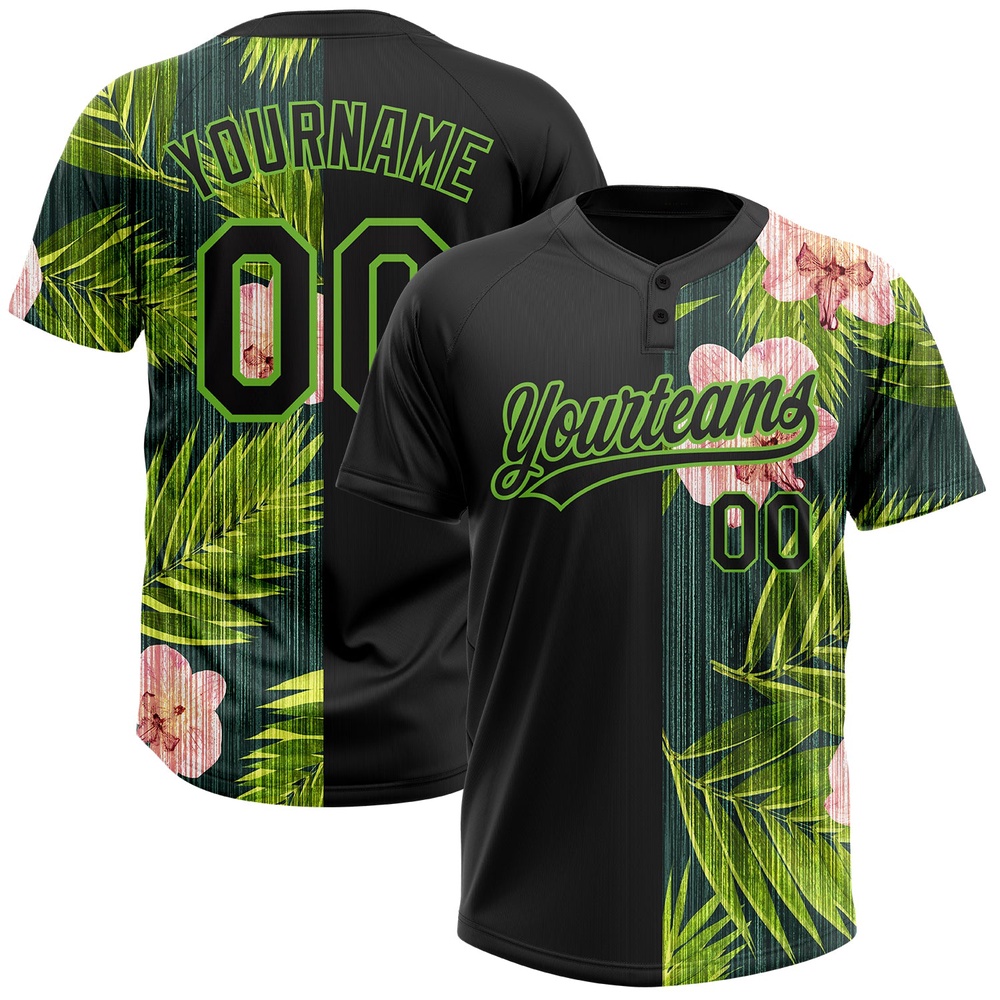 Black Neon Green 3D Pattern Hawaii Tropical Palm Leaves With Orchids Two Button Unisex Softball Jersey, Custom Team Softball Jersey Black Neon Green 3D Pattern Hawaii Tropical Palm Leaves With Orchids Two Button Unisex Softball Jersey, Custom Team Softball Jersey
