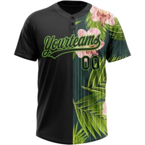 Black Neon Green 3D Pattern Hawaii Tropical Palm Leaves With Orchids Two Button Unisex Softball Jersey Custom Team Softball Jersey 2 zmakbw.jpg