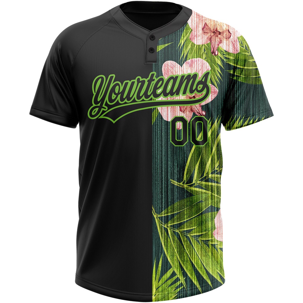 Black Neon Green 3D Pattern Hawaii Tropical Palm Leaves With Orchids Two Button Unisex Softball Jersey, Custom Team Softball Jersey Black Neon Green 3D Pattern Hawaii Tropical Palm Leaves With Orchids Two Button Unisex Softball Jersey, Custom Team Softball Jersey