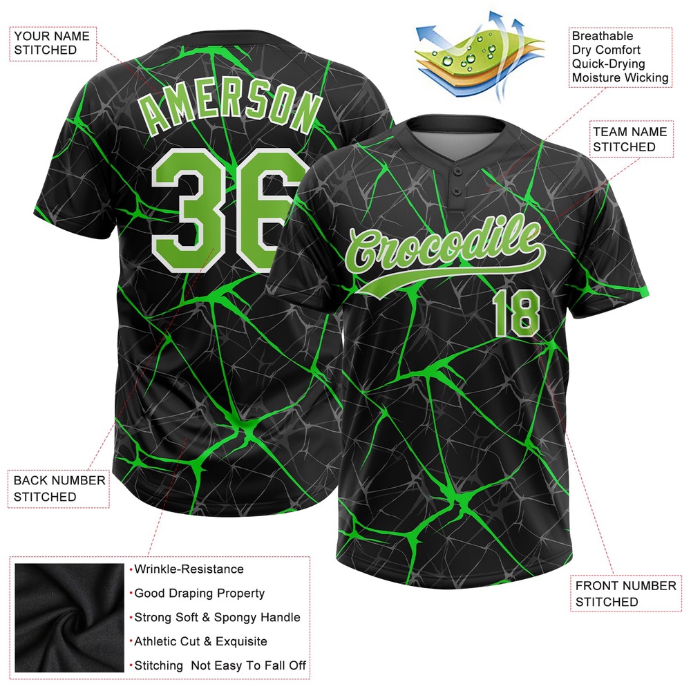 Black Neon Green Kelly Green 3D Pattern Two Button Unisex Softball Jersey, Custom Team Softball Jersey Black Neon Green Kelly Green 3D Pattern Two Button Unisex Softball Jersey, Custom Team Softball Jersey