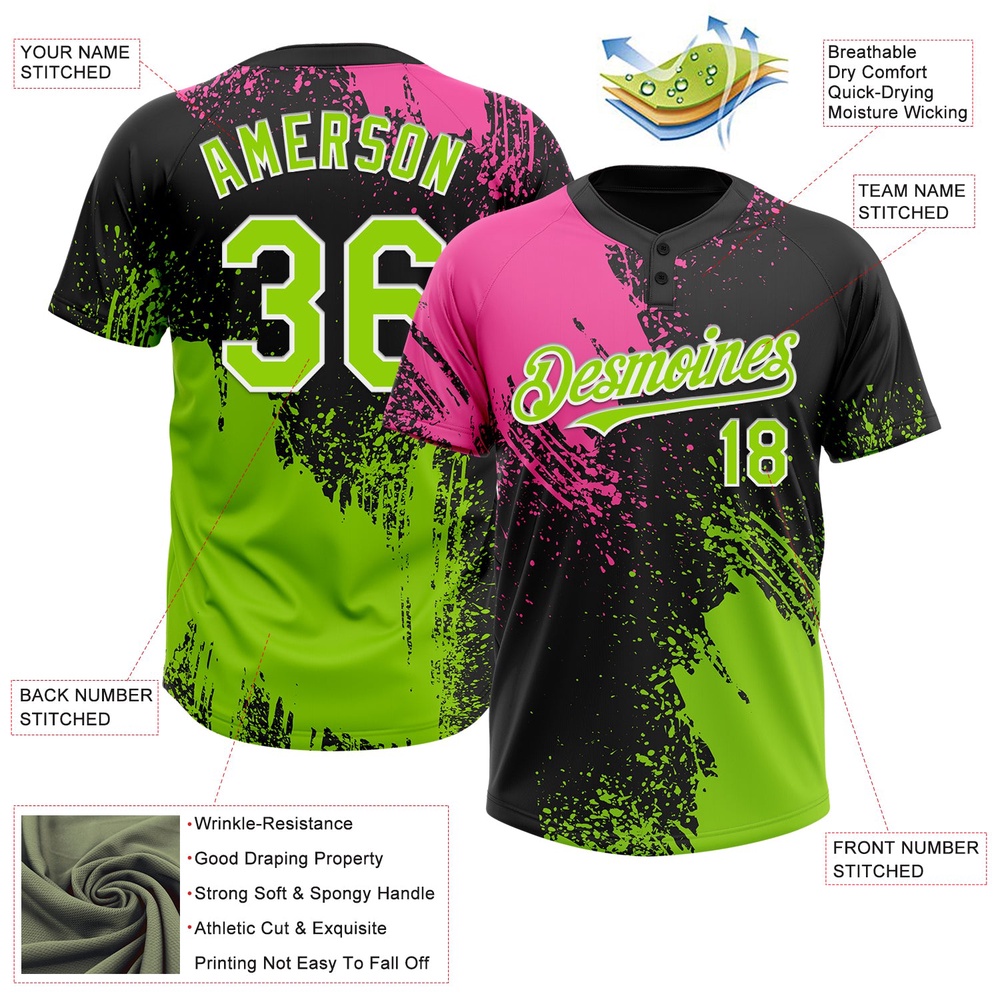 Black Neon Green Pink 3D Pattern Abstract Brush Stroke Two Button Unisex Softball Jersey, Custom Team Softball Jersey Black Neon Green Pink 3D Pattern Abstract Brush Stroke Two Button Unisex Softball Jersey, Custom Team Softball Jersey