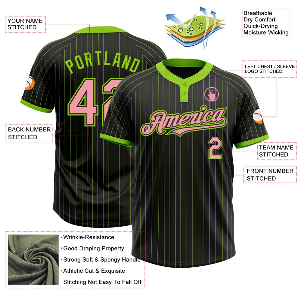 Black Neon Green Pinstripe Medium Pink Two Button Unisex Softball Jersey, Custom Team Softball Jersey